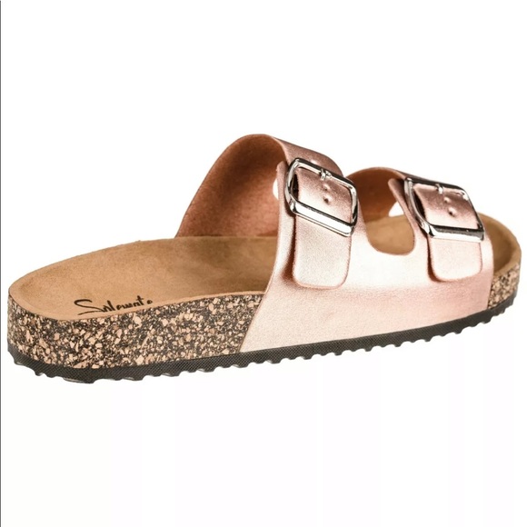 Rose Gold Dbl Buckle Platform Slide - Picture 2 of 4